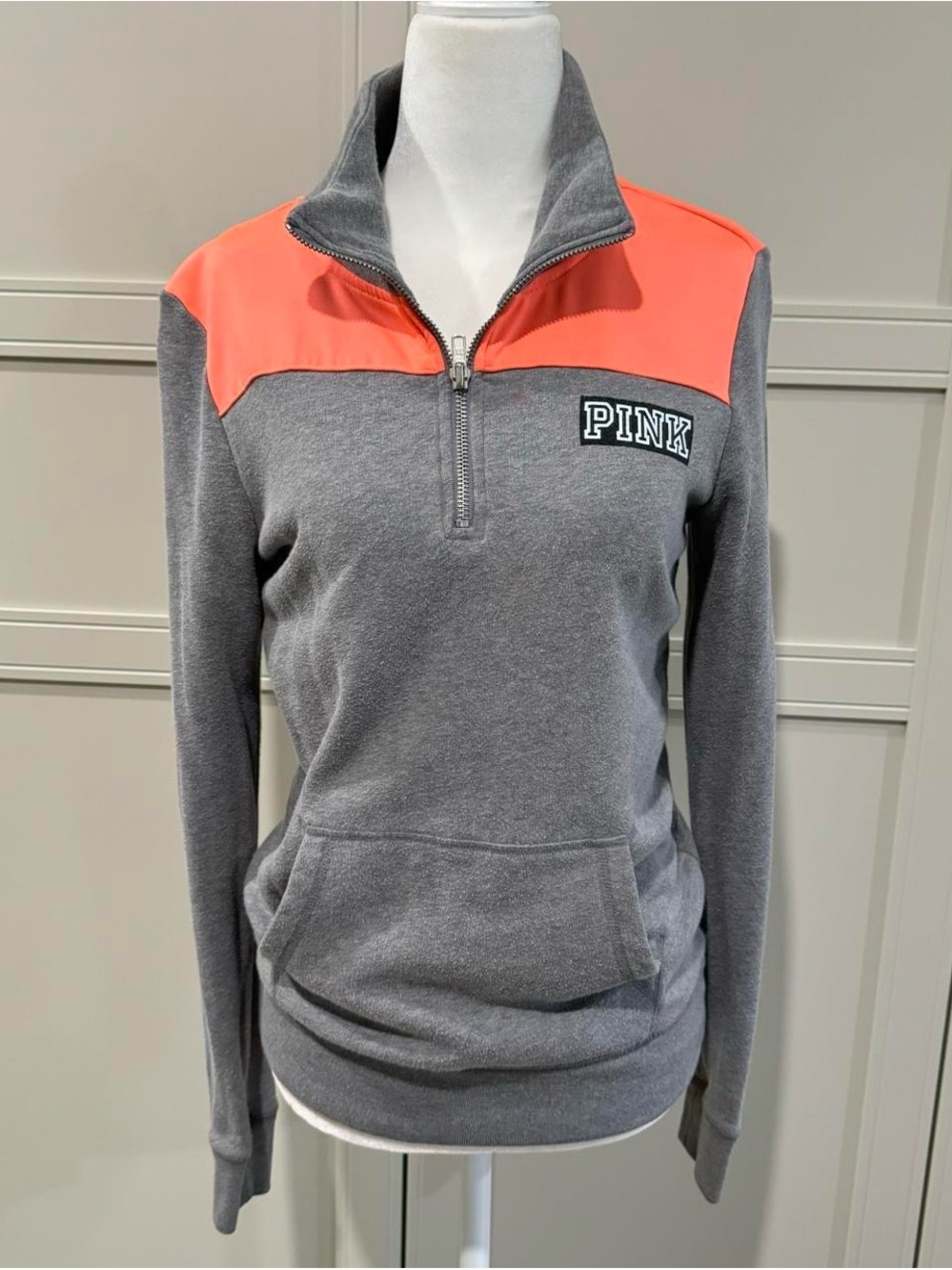 PINK Victoria's Secret Gray Half-Zip Pullover with Coral Yoke